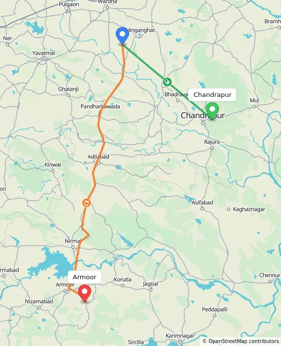 Route map showing distance and travel time from Chandrapur, India to Armoor, India