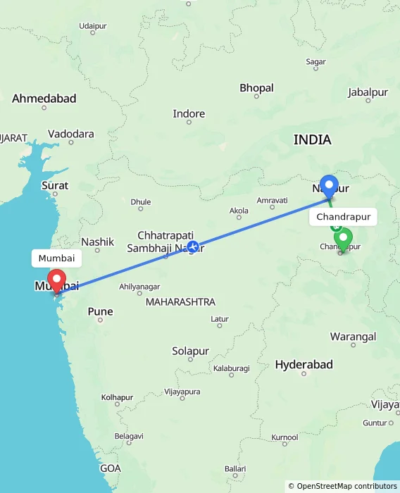 Route map showing distance and travel time from Chandrapur, India to Mumbai, India