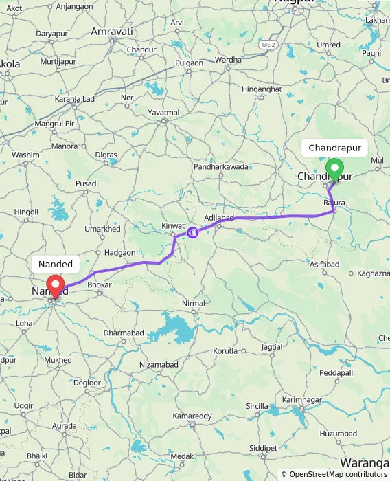 Route map showing distance and travel time from Chandrapur, India to Nanded, India