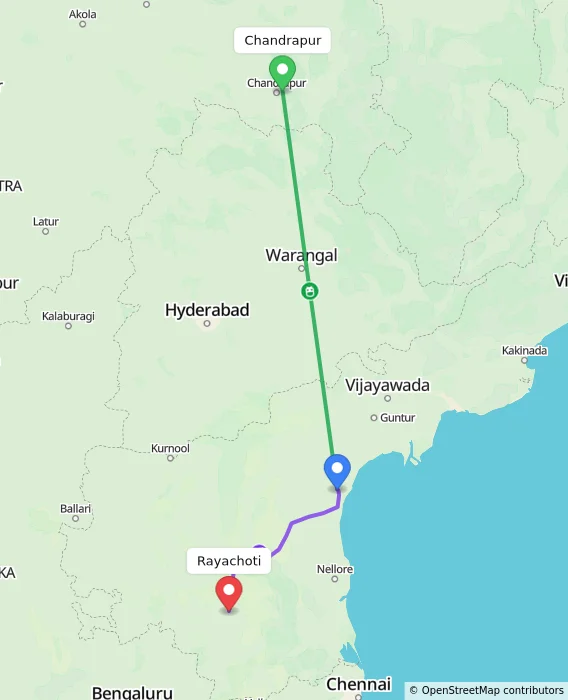 Route map showing distance and travel time from Chandrapur, India to Rayachoti, India