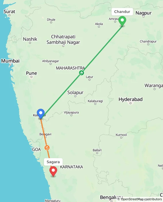 Route map showing distance and travel time from Chandur, India to Sagara, India
