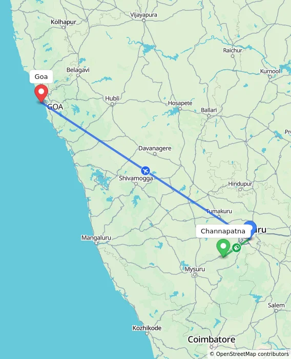 Route map showing distance and travel time from Channapatna, India to Goa, India