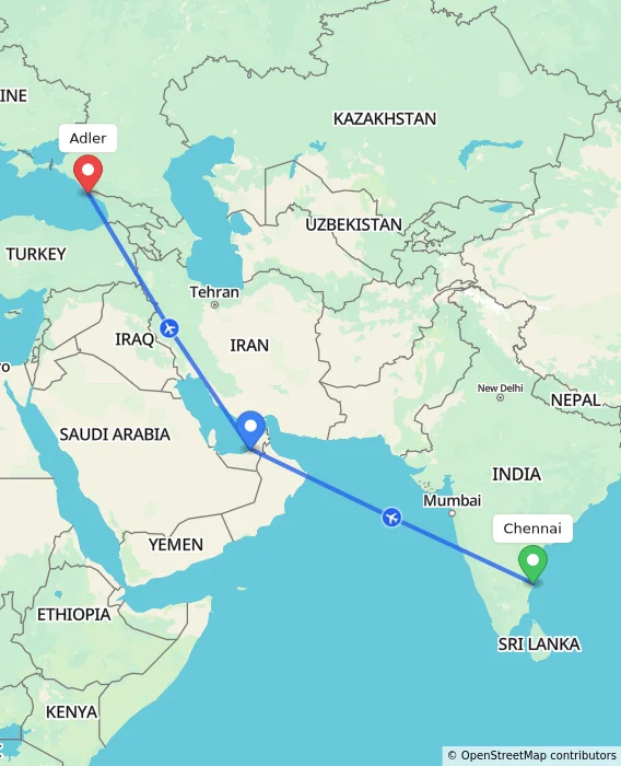 Route map showing distance and travel time from Chennai, India to Adler, Russian Federation