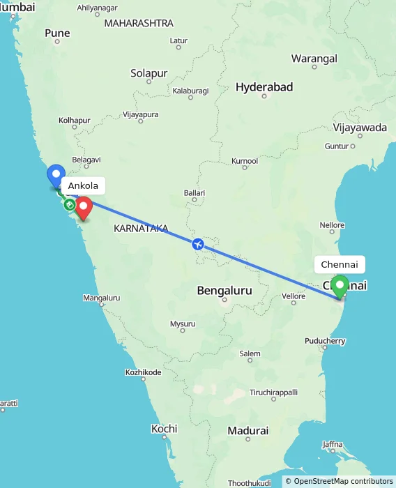 Route map showing distance and travel time from Chennai, India to Ankola, India