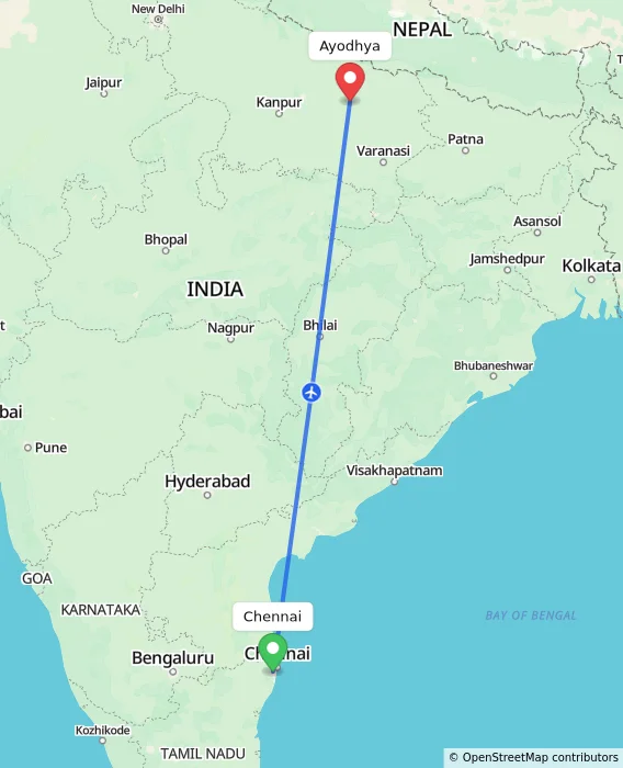 Route map showing distance and travel time from Chennai, India to Ayodhya, India