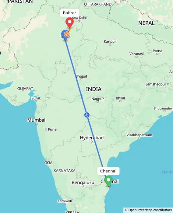 Route map showing distance and travel time from Chennai, India to Bahror, India