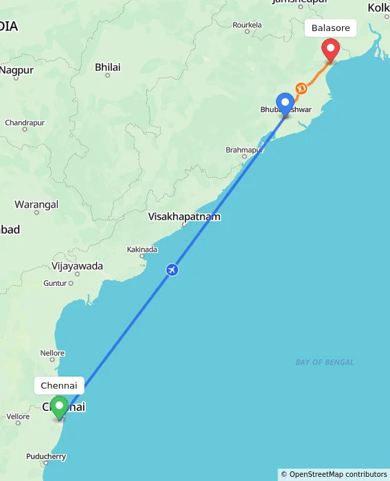 Route map showing distance and travel time from Chennai, India to Balasore, India