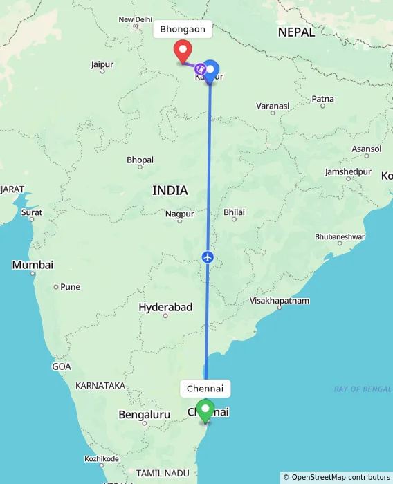 Route map showing distance and travel time from Chennai, India to Bhongaon, India