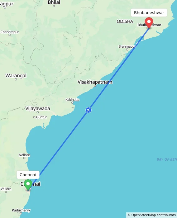Route map showing distance and travel time from Chennai, India to Bhubaneshwar, India