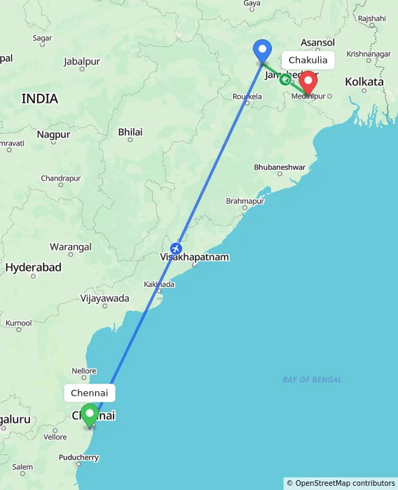 Route map showing distance and travel time from Chennai, India to Chakulia, India