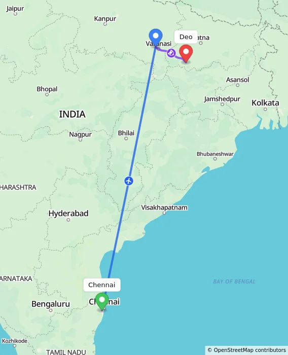 Route map showing distance and travel time from Chennai, India to Deo, India