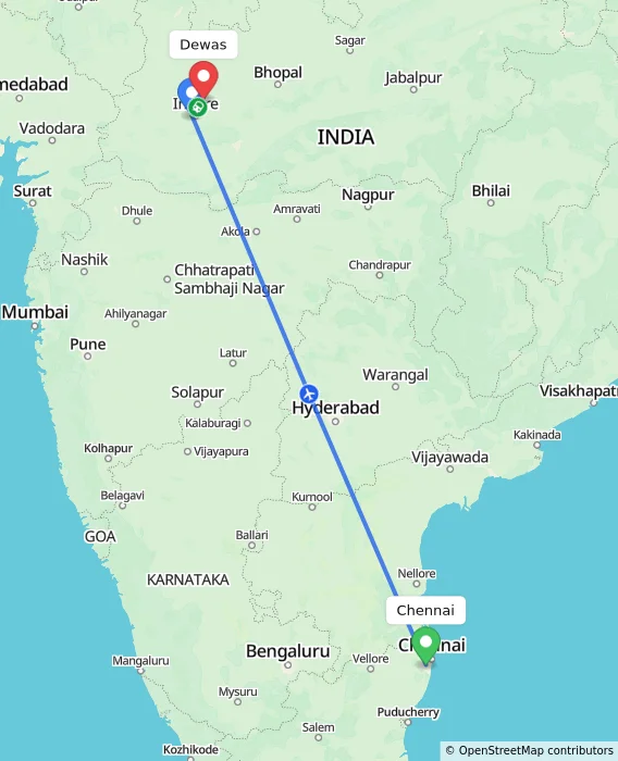 Route map showing distance and travel time from Chennai, India to Dewas, India