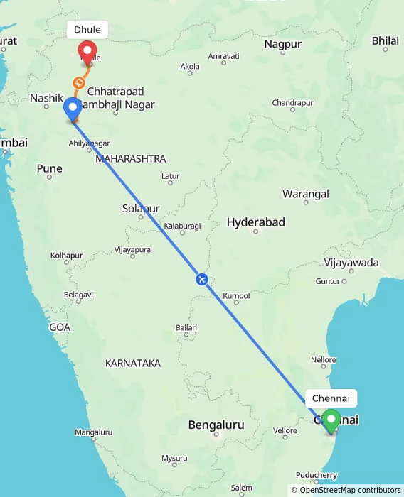 Route map showing distance and travel time from Chennai, India to Dhule, India