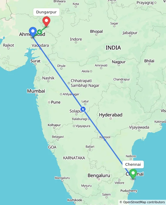 Route map showing distance and travel time from Chennai, India to Dungarpur, India