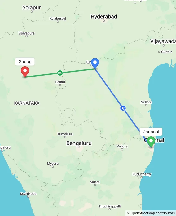 Route map showing distance and travel time from Chennai, India to Gadag, India