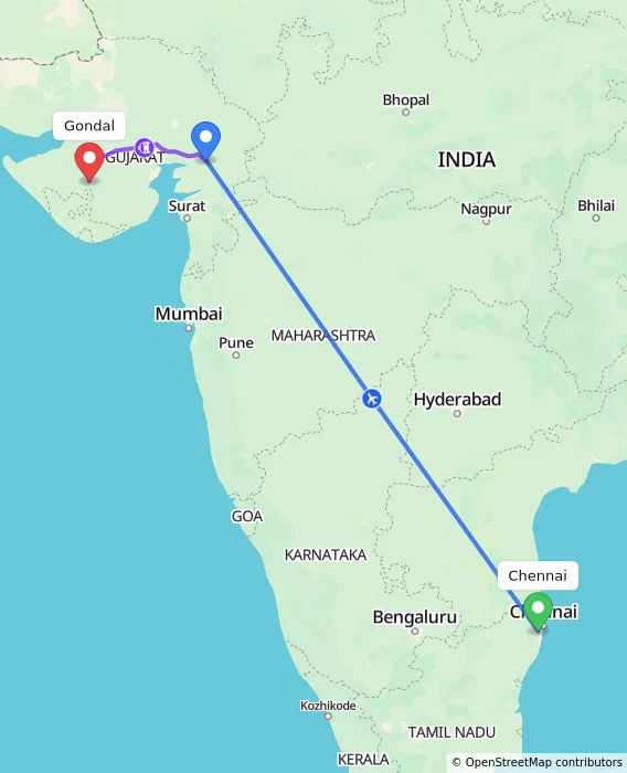 Route map showing distance and travel time from Chennai, India to Gondal, India