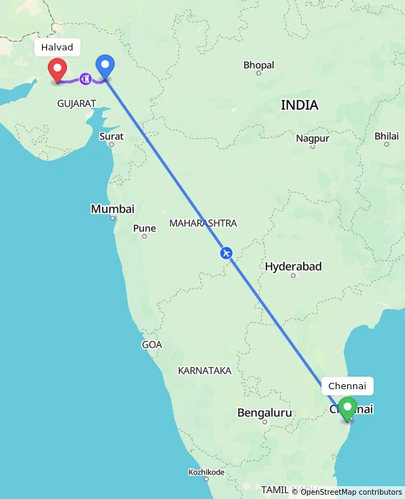 Route map showing distance and travel time from Chennai, India to Halvad, India