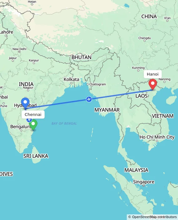 Route map showing distance and travel time from Chennai, India to Hanoi, Vietnam