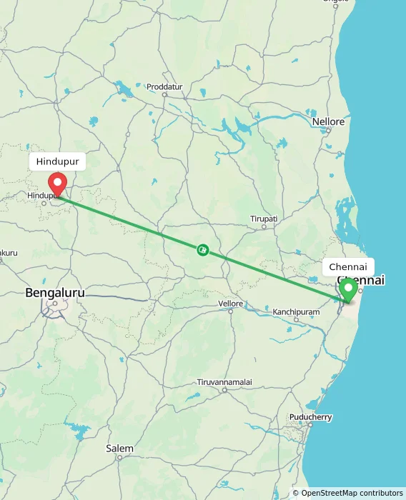 Route map showing distance and travel time from Chennai, India to Hindupur, India