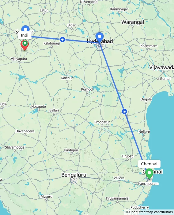 Route map showing distance and travel time from Chennai, India to Indi, India