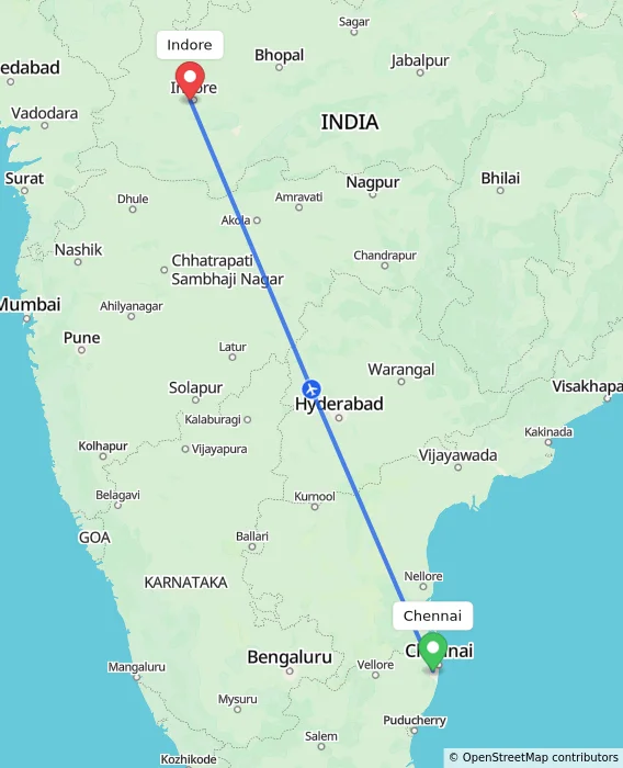 Route map showing distance and travel time from Chennai, India to Indore, India
