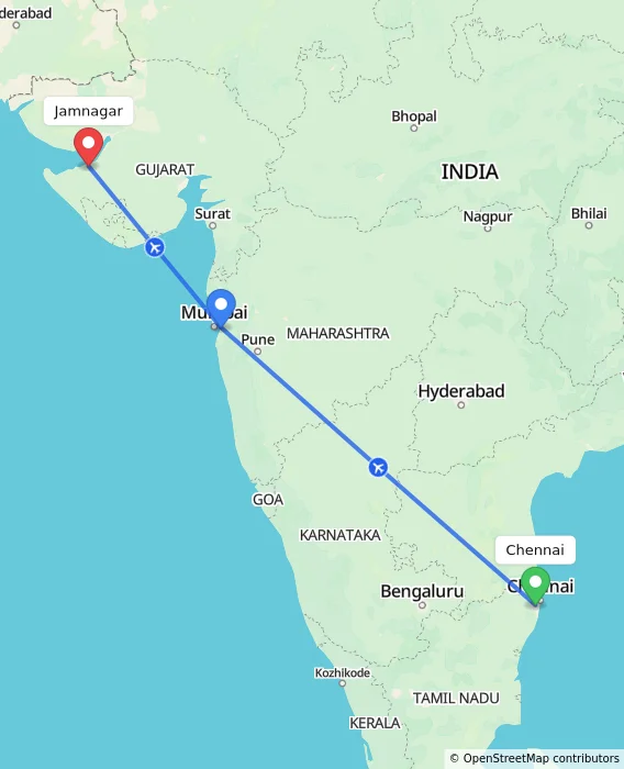 Route map showing distance and travel time from Chennai, India to Jamnagar, India