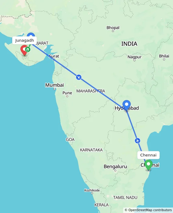 Route map showing distance and travel time from Chennai, India to Junagadh, India