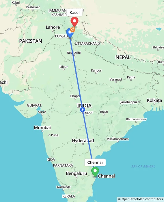 Route map showing distance and travel time from Chennai, India to Kasol, India