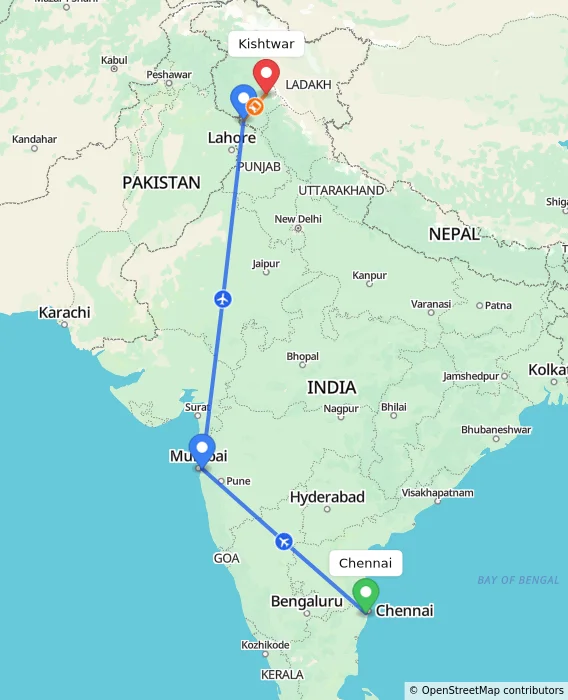 Route map showing distance and travel time from Chennai, India to Kishtwar, India