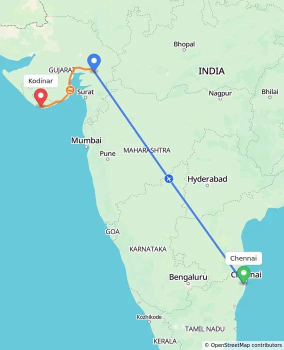 Route map showing distance and travel time from Chennai, India to Kodinar, India