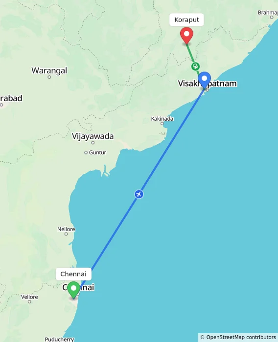 Route map showing distance and travel time from Chennai, India to Koraput, India