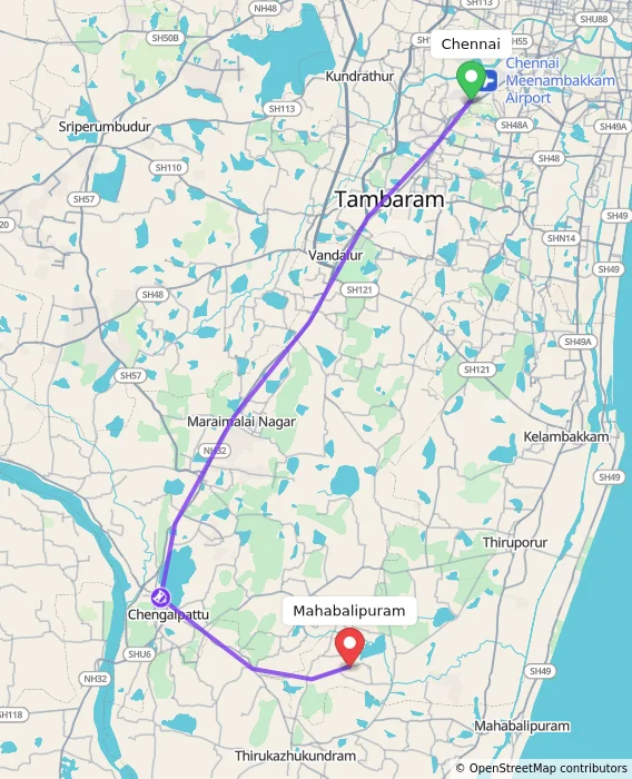 Route map showing distance and travel time from Chennai, India to Mahabalipuram, India