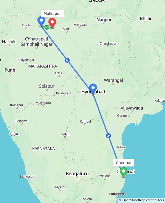 Route map showing distance and travel time from Chennai, India to Malkapur, India