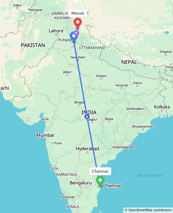 Route map showing distance and travel time from Chennai, India to Manali, India