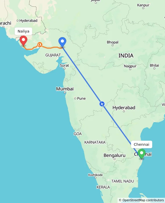 Route map showing distance and travel time from Chennai, India to Naliya, India