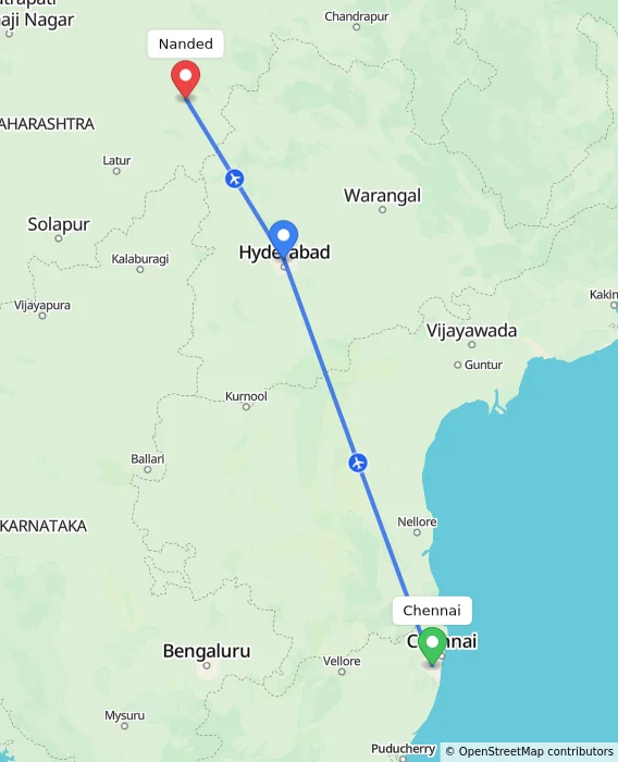 Route map showing distance and travel time from Chennai, India to Nanded, India