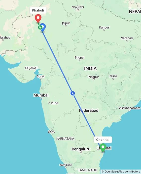 Route map showing distance and travel time from Chennai, India to Phalodi, India