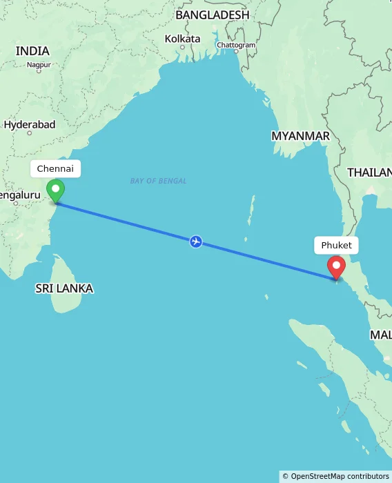 Route map showing distance and travel time from Chennai, India to Phuket, Thailand