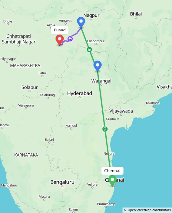 Route map showing distance and travel time from Chennai, India to Pusad, India