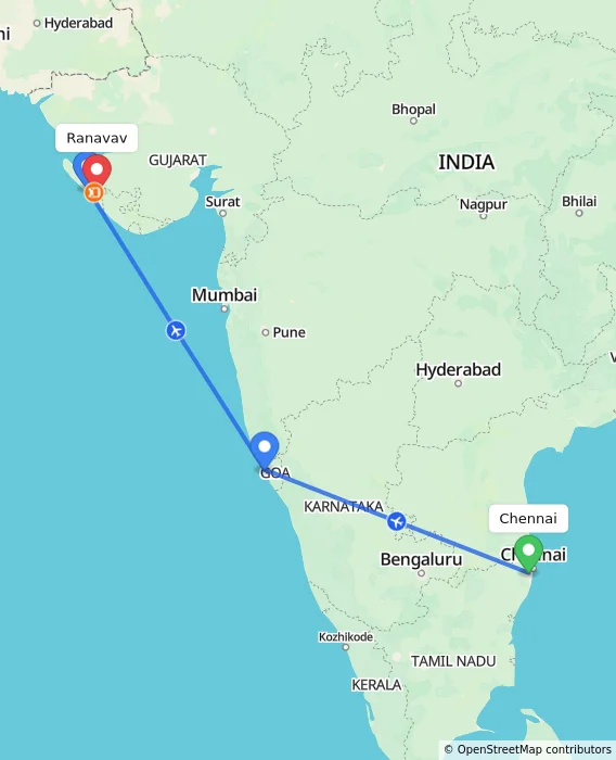 Route map showing distance and travel time from Chennai, India to Ranavav, India
