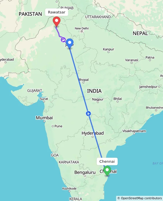 Route map showing distance and travel time from Chennai, India to Rawatsar, India