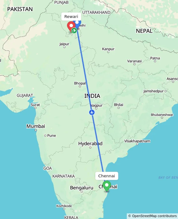 Route map showing distance and travel time from Chennai, India to Rewari, India
