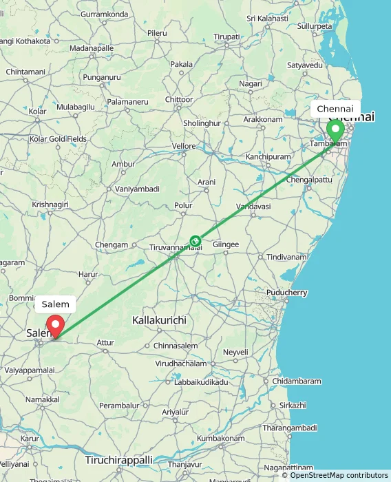 Route map showing distance and travel time from Chennai, India to Salem, India