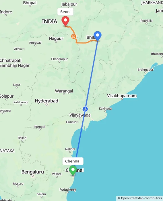 Route map showing distance and travel time from Chennai, India to Seoni, India