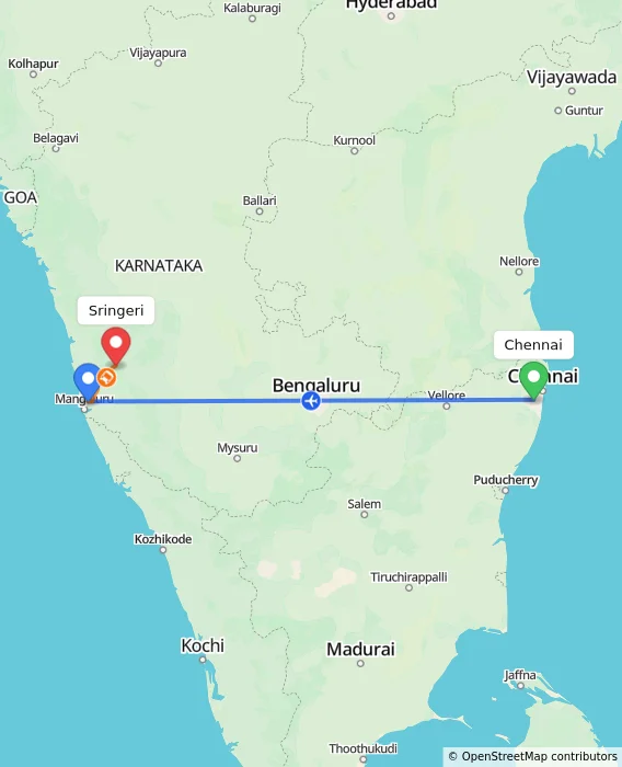 Route map showing distance and travel time from Chennai, India to Sringeri, India