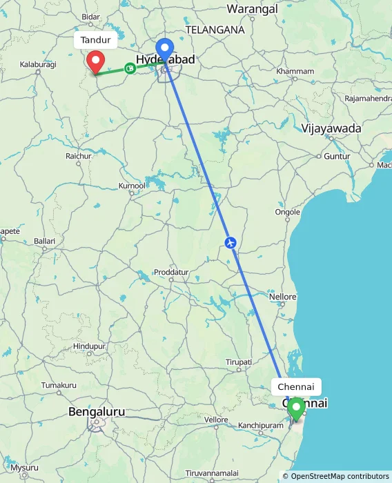 Route map showing distance and travel time from Chennai, India to Tandur, India