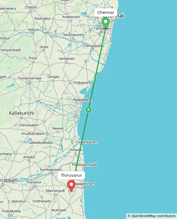 Route map showing distance and travel time from Chennai, India to Thiruvarur, India