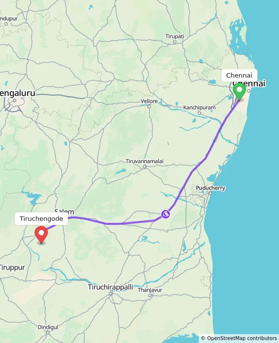 Route map showing distance and travel time from Chennai, India to Tiruchengode, India