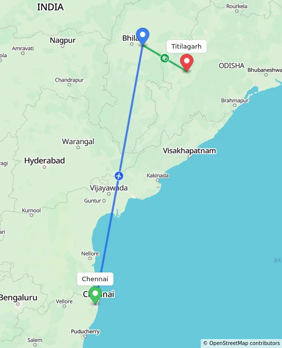 Route map showing distance and travel time from Chennai, India to Titilagarh, India