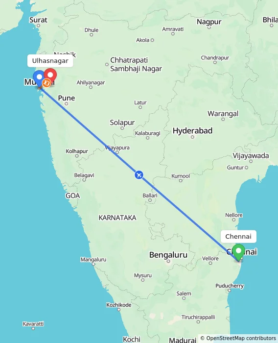 Route map showing distance and travel time from Chennai, India to Ulhasnagar, India
